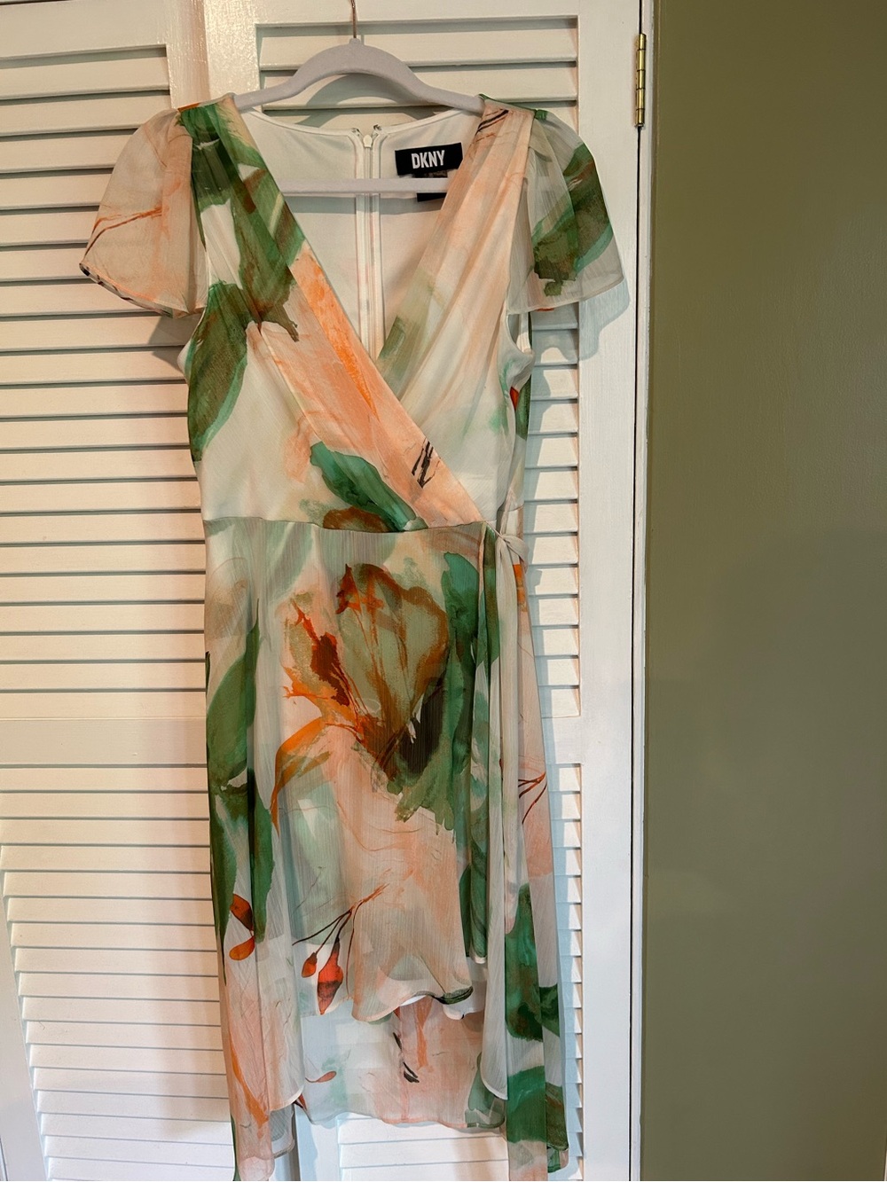 DKNY Green and Orange Floral Midi Faux Wrap Dress